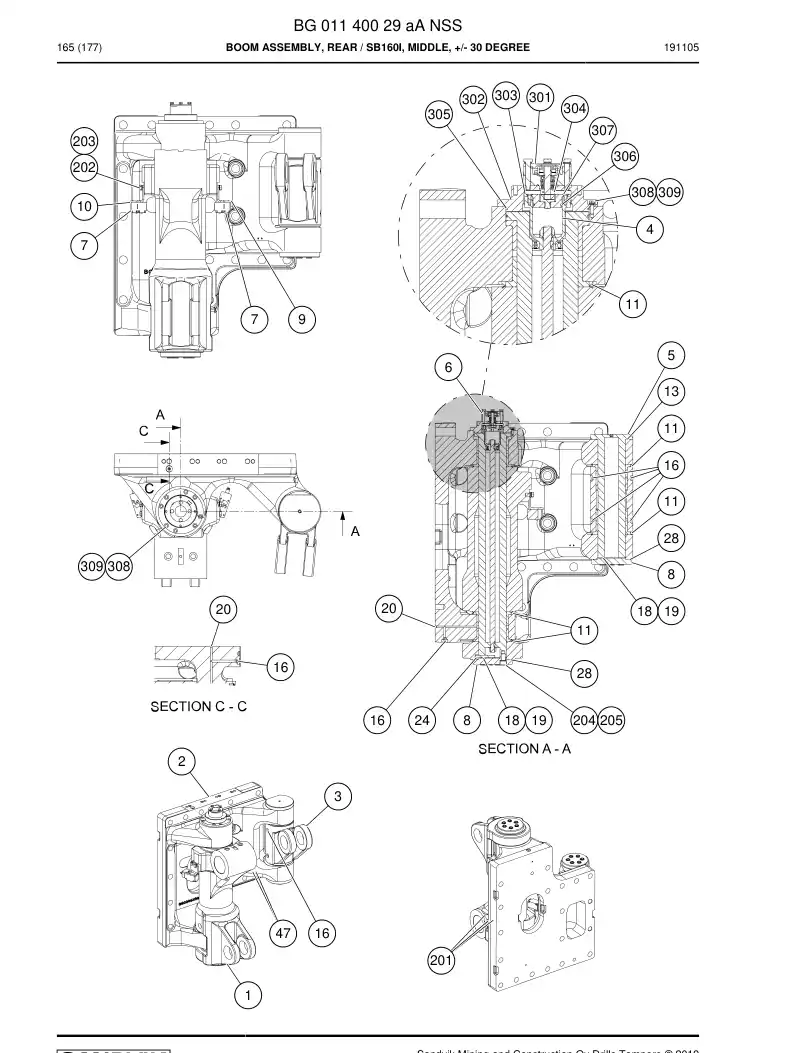 BG01140029a BG 011 400 29a Boom Assembly, Rear - Sandvik Technical Drawing