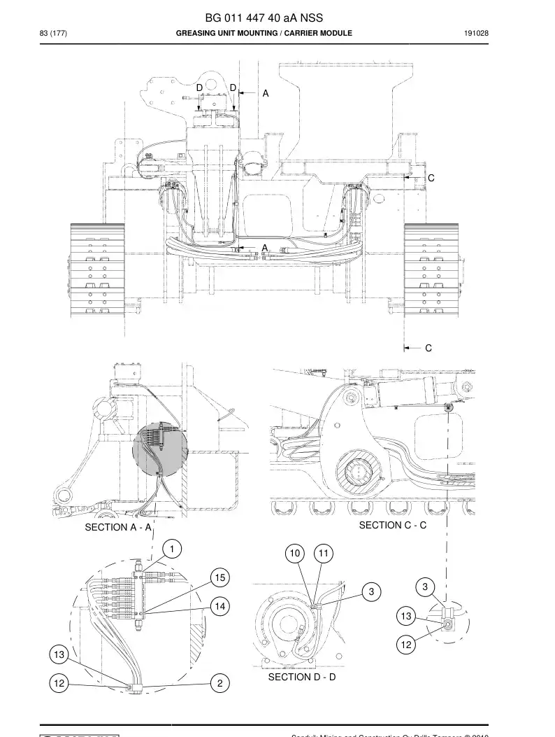BG01144740a BG 011 447 40a Greasing Unit mounting - Sandvik Technical Drawing