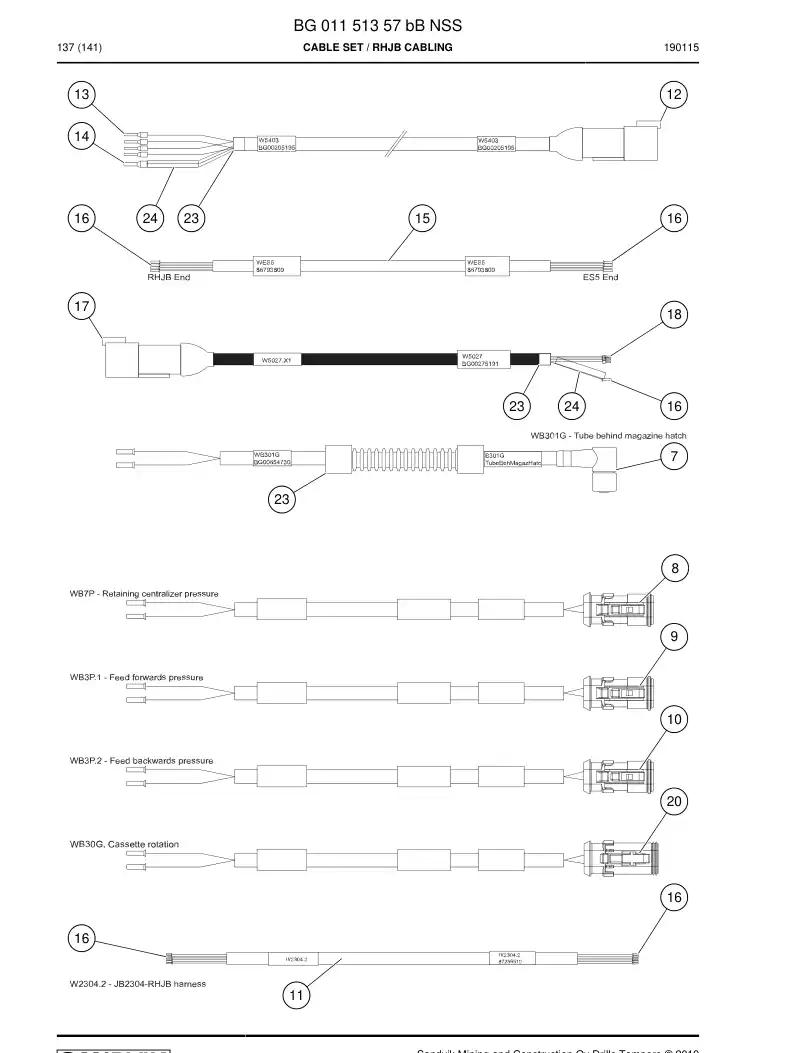 BG01151357b BG 011 513 57b Cable Set - Sandvik Technical Drawing
