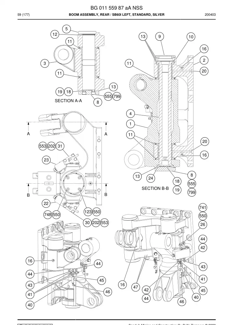 BG01155987a BG 011 559 87a Boom Assembly, Rear - Sandvik Technical Drawing