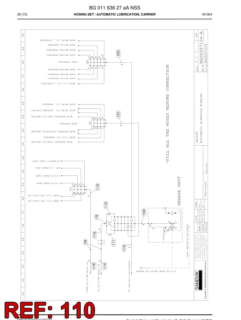 BG01163633a BG 011 636 33a Hose Assembly, Hydraulic - Sandvik Technical Drawing