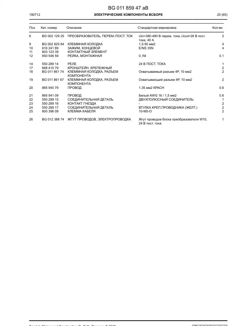 BG01185947a BG 011 859 47a Electric Components Assembly - Sandvik Technical Drawing