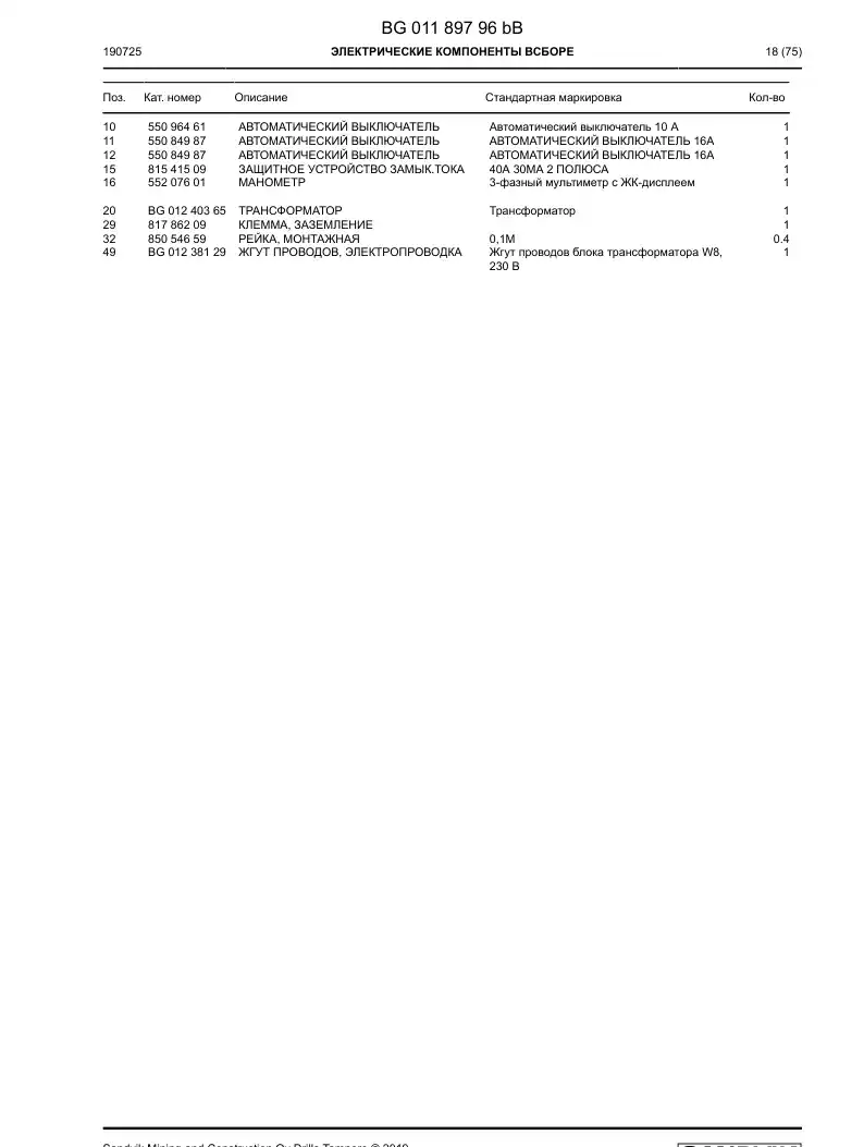 BG01189796b BG 011 897 96b Electric Components Assembly - Sandvik Technical Drawing