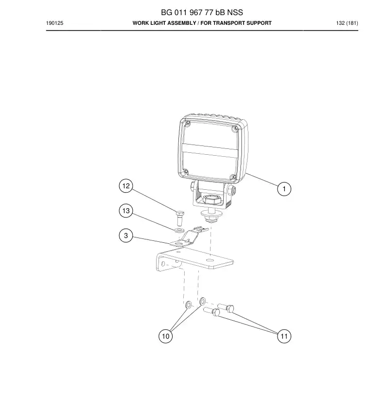 BG01196777b BG 011 967 77b Work Light Assembly - Sandvik Technical Drawing