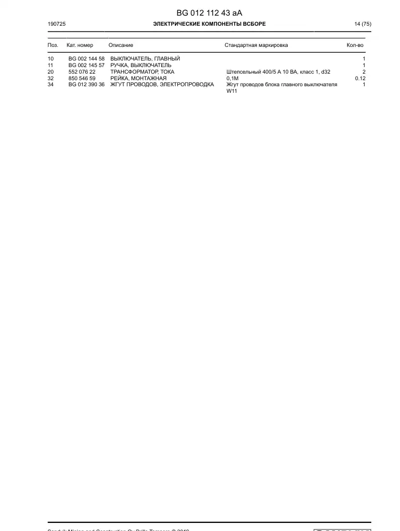 BG01211243a BG 012 112 43a Electric Components Assembly - Sandvik Technical Drawing