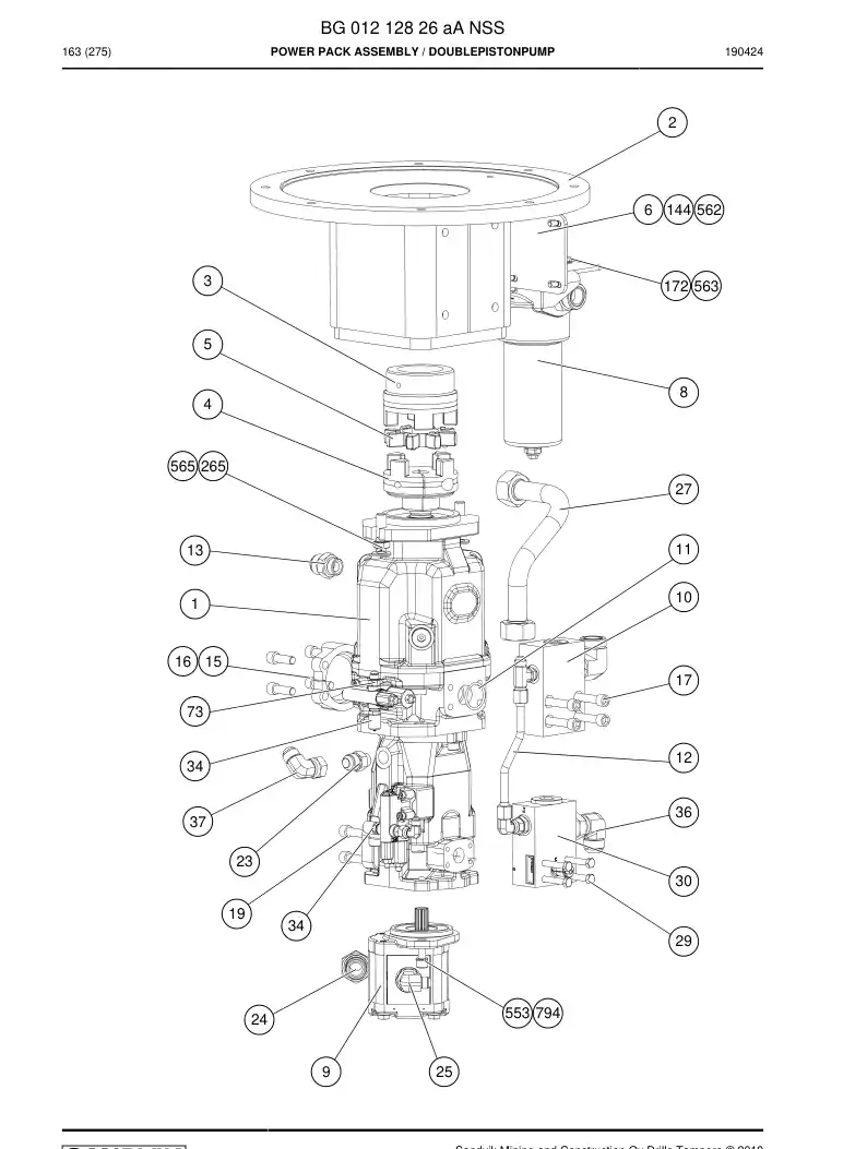 BG01212826a BG 012 128 26a Power Pack Assembly - Sandvik Technical Drawing