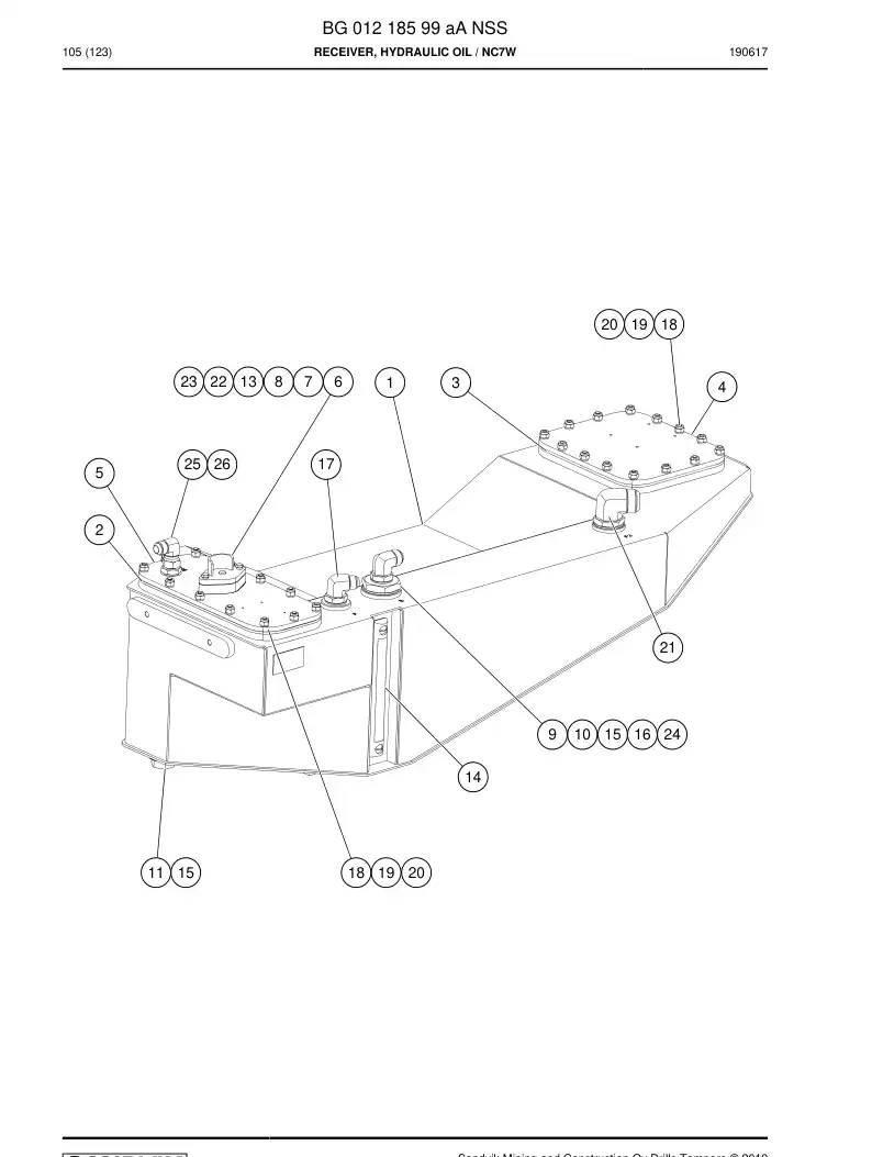 BG01218599a BG 012 185 99a Receiver, Hydraulic Oil - Sandvik Technical Drawing
