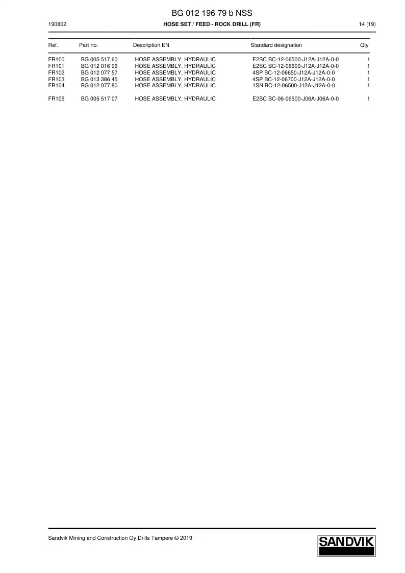 BG01219679b BG 012 196 79b Hose Set - Sandvik Technical Drawing