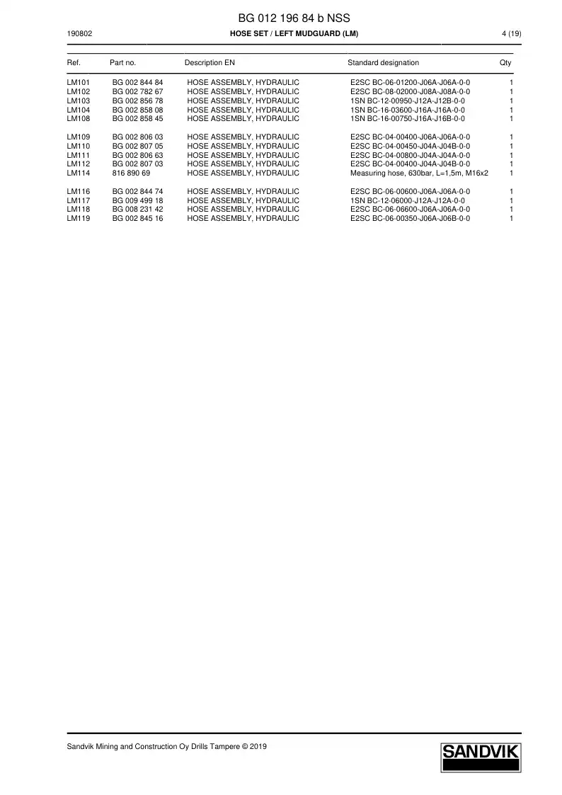 BG01219684b BG 012 196 84b Hose Set - Sandvik Technical Drawing