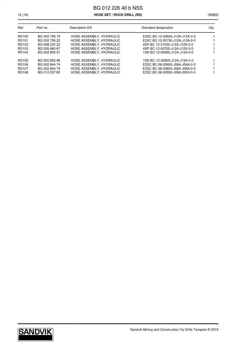 BG01222640b BG 012 226 40b Hose Set - Sandvik Technical Drawing