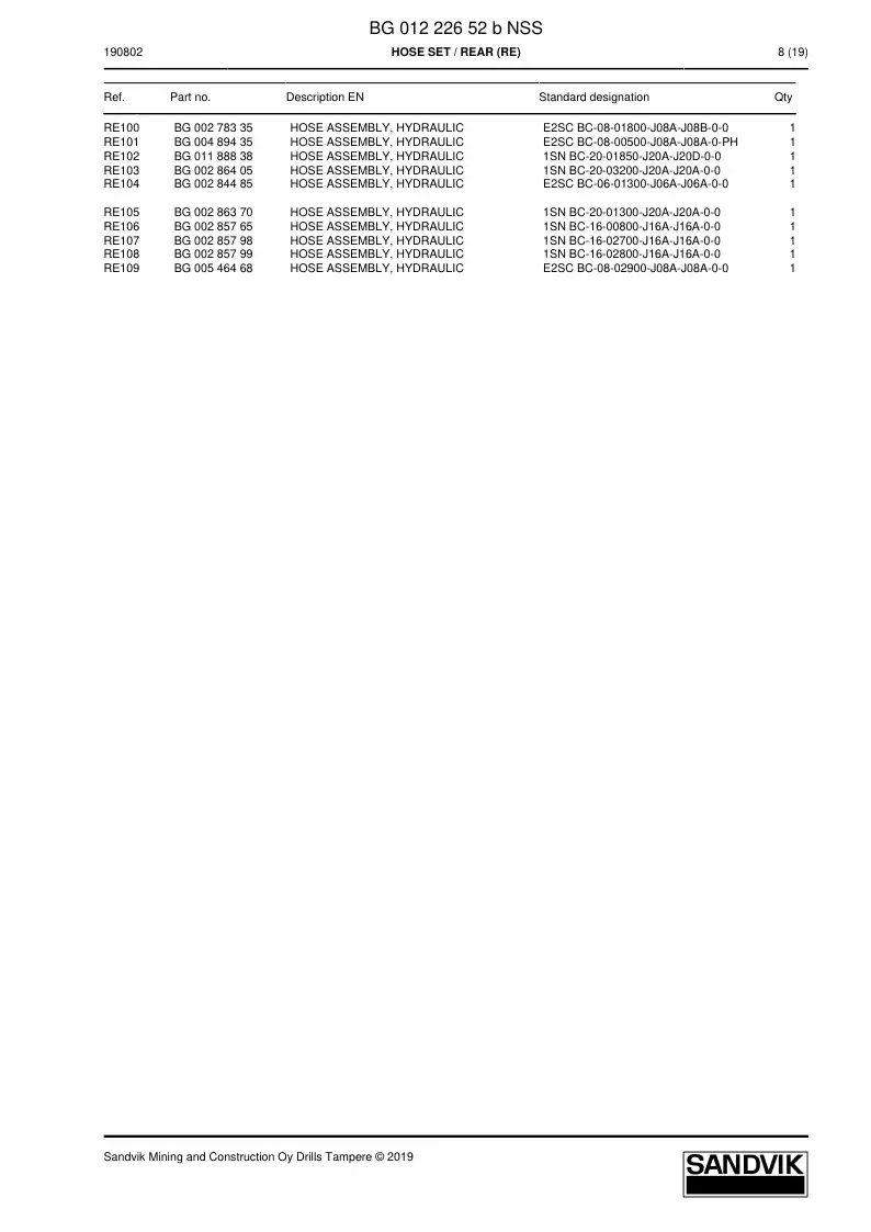 BG01222652b BG 012 226 52b Hose Set - Sandvik Technical Drawing