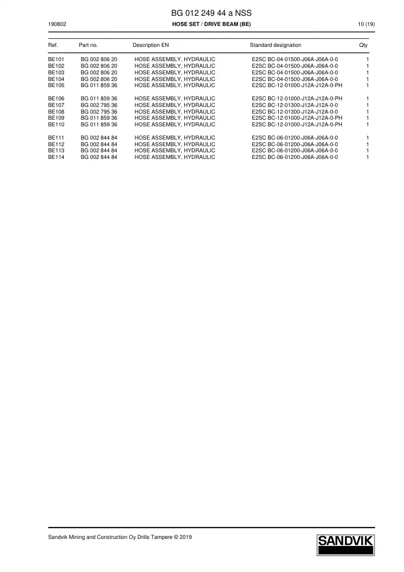 BG01224944a BG 012 249 44a Hose Set - Sandvik Technical Drawing