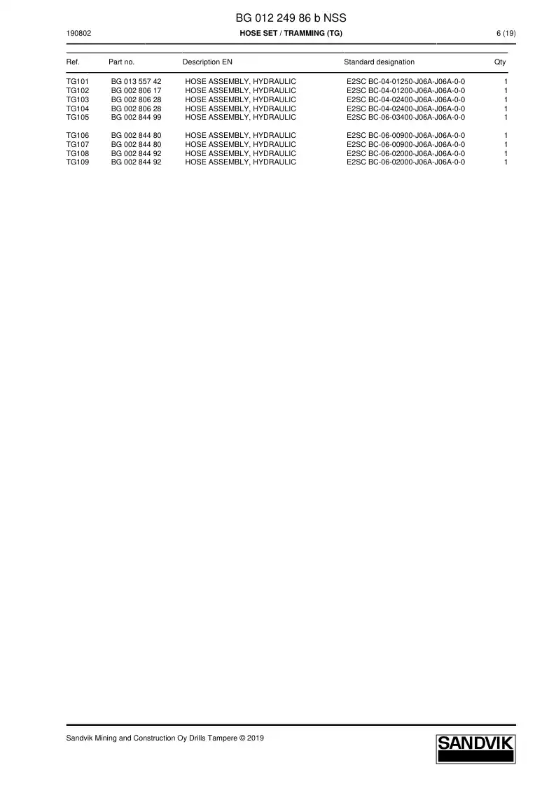 BG01224986b BG 012 249 86b Hose Set - Sandvik Technical Drawing