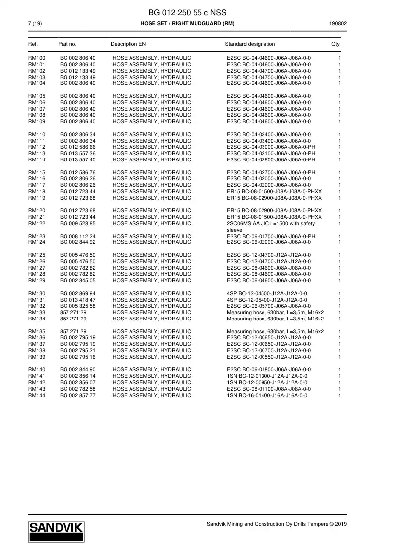 BG01225055c BG 012 250 55c Hose Set - Sandvik Technical Drawing