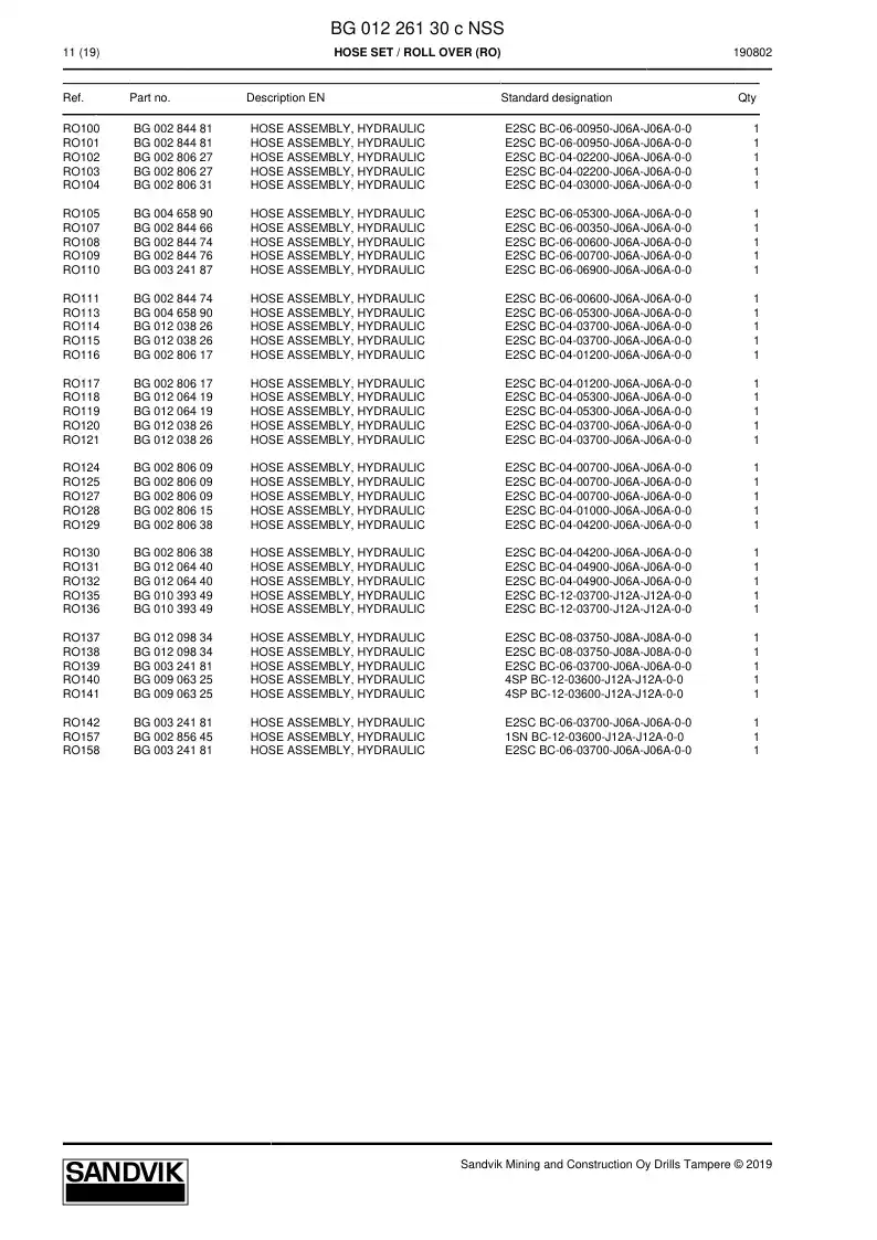 BG01226130c BG 012 261 30c Hose Set - Sandvik Technical Drawing