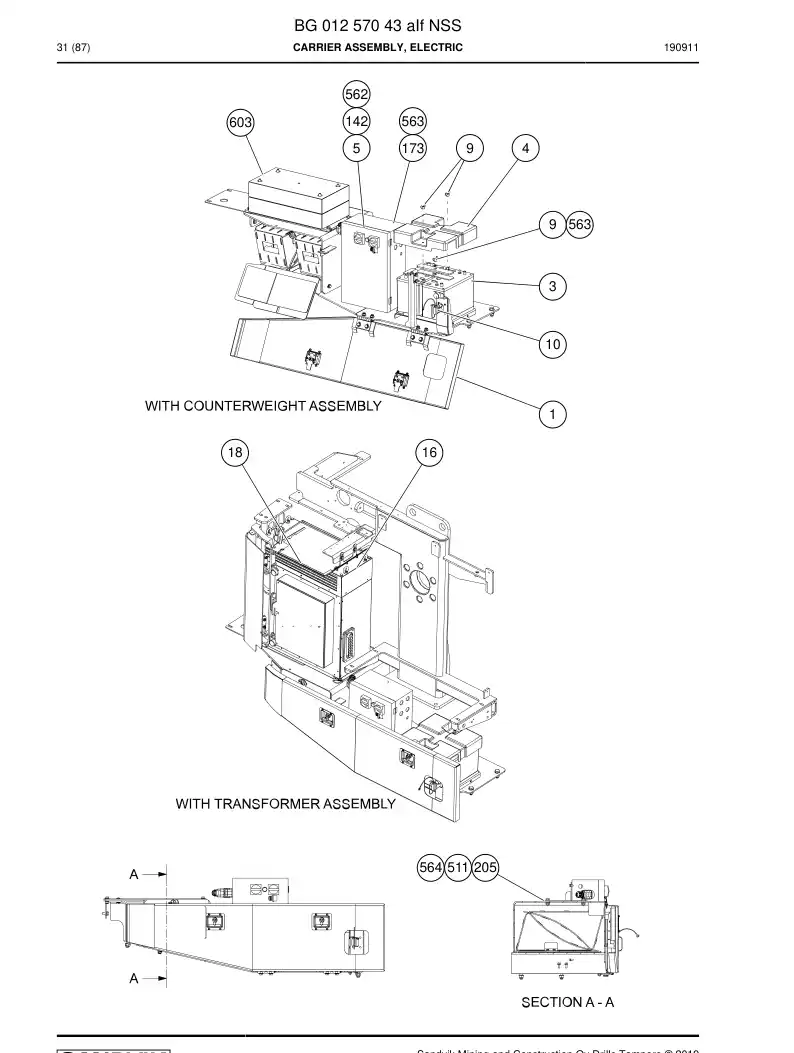 BG01257043a BG 012 570 43a Carrier Assembly, electric - Sandvik Technical Drawing