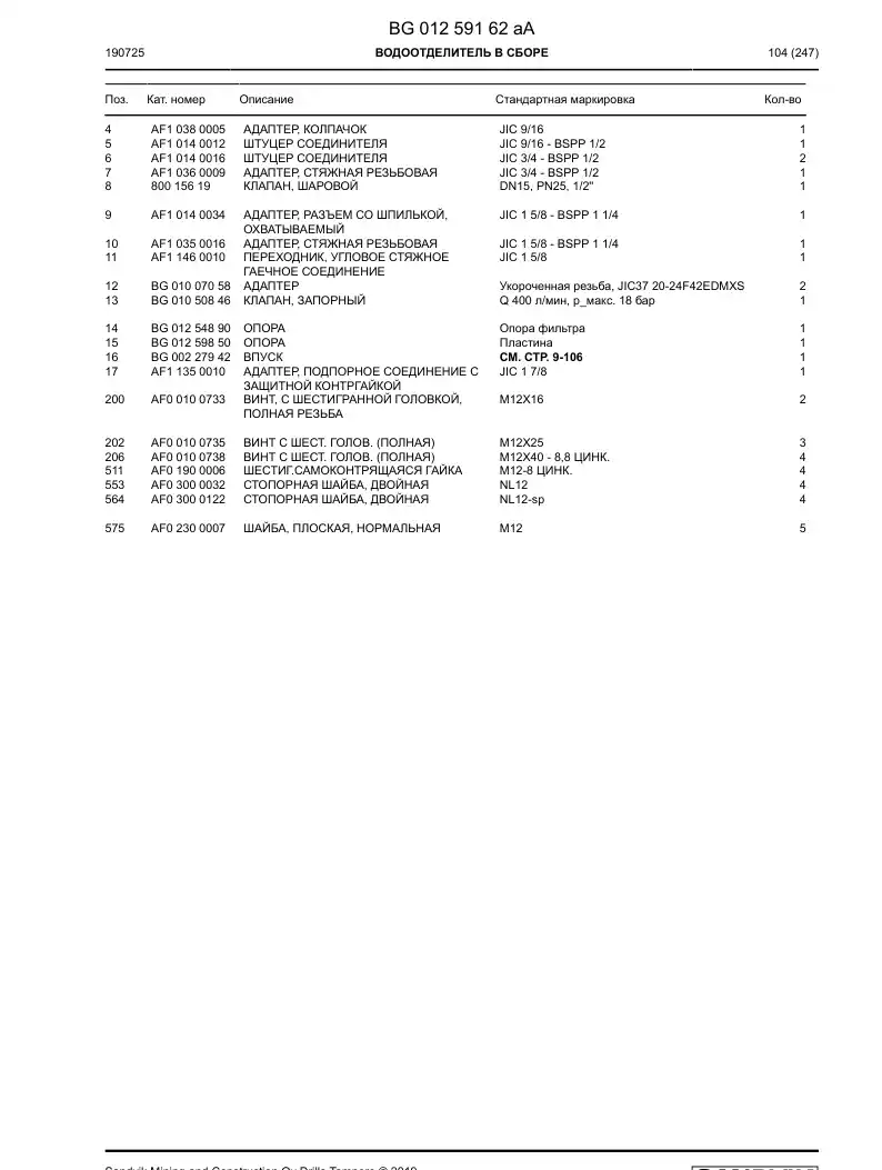 BG01259162a BG 012 591 62a Water Separator Assembly - Sandvik Technical Drawing
