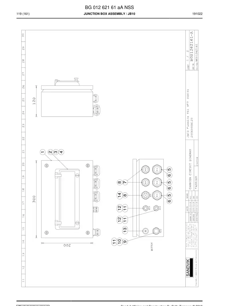 BG01262161a BG 012 621 61a Junction Box Assembly - Sandvik Technical Drawing