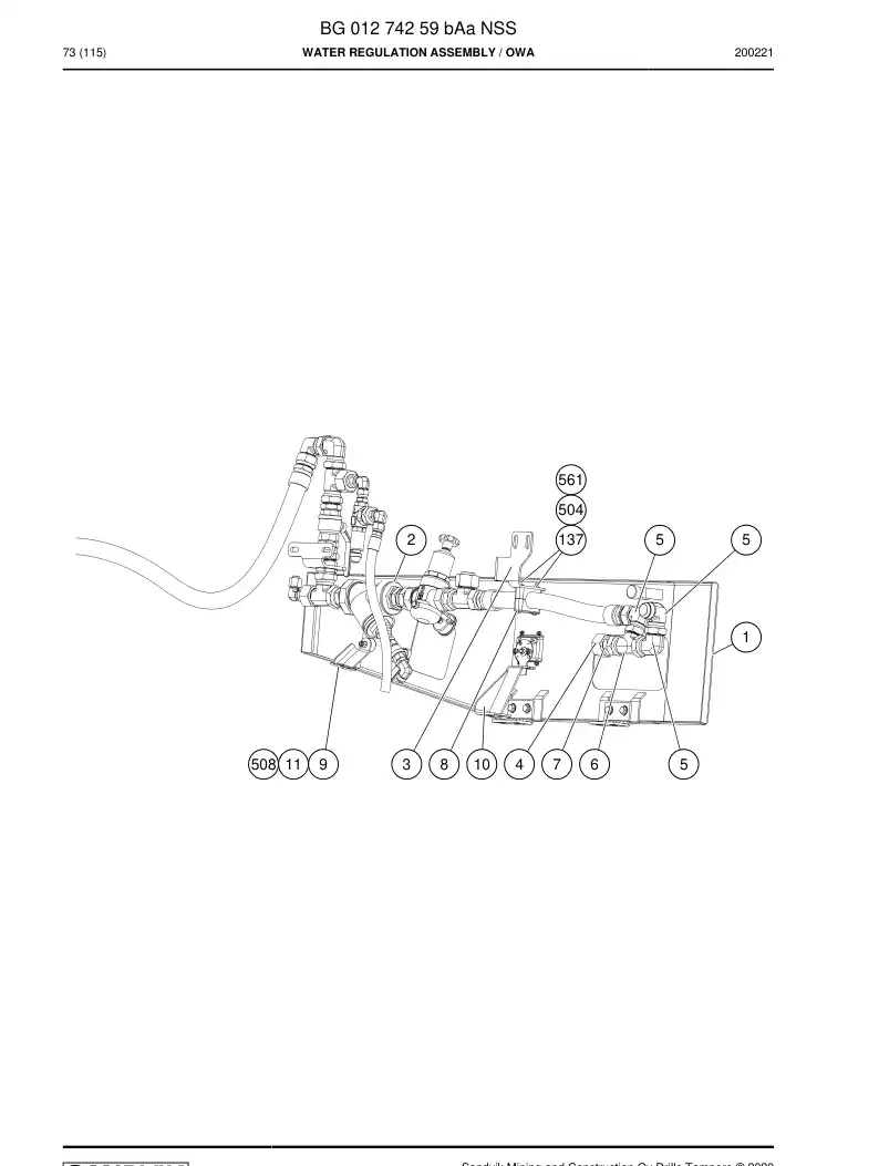 BG01274259b BG 012 742 59b Water Regulation assembly - Sandvik Technical Drawing