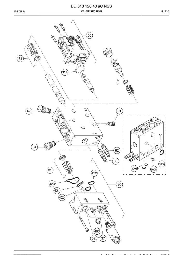 BG01312648a BG 013 126 48a Valve Section - Sandvik Technical Drawing