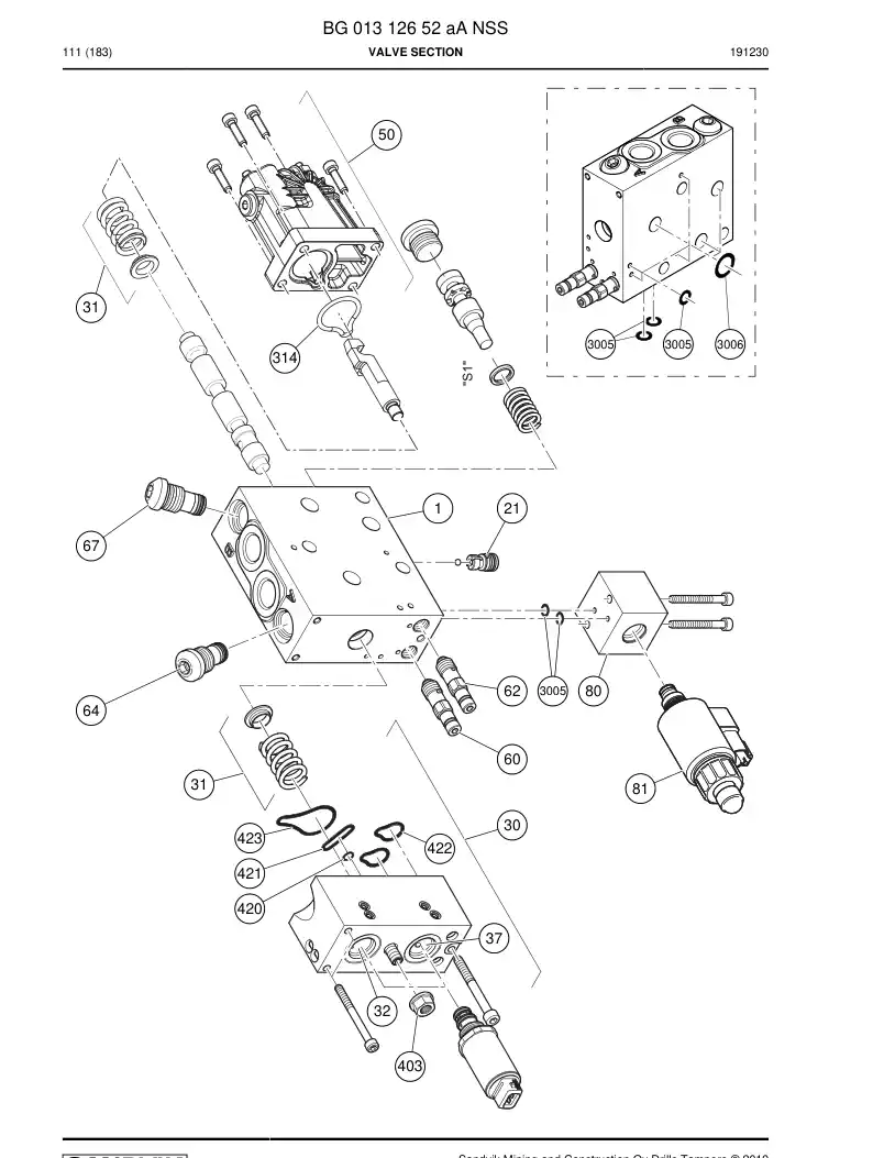 BG01312652a BG 013 126 52a Valve Section - Sandvik Technical Drawing