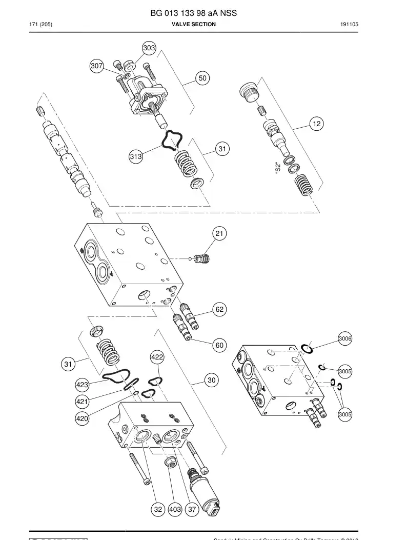 BG01313398a BG 013 133 98a Valve Section - Sandvik Technical Drawing