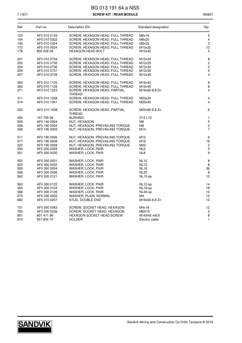 BG01319164a BG 013 191 64a Screw Kit - Sandvik Technical Drawing
