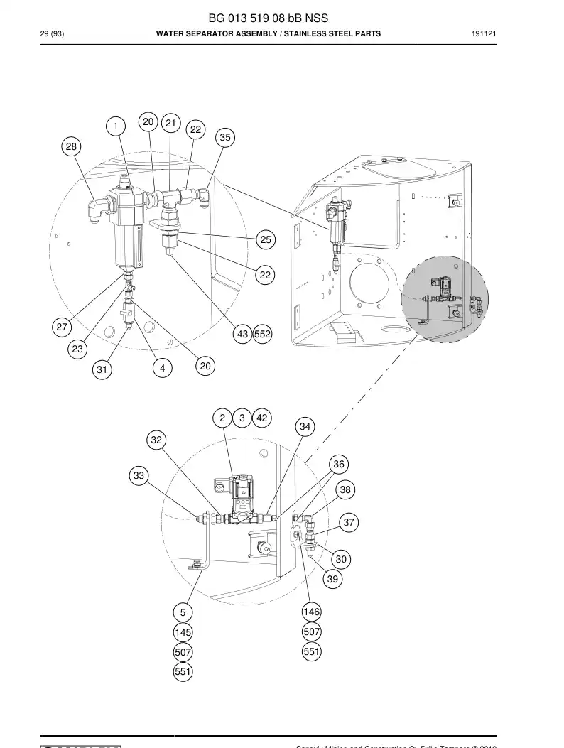 BG01351908b BG 013 519 08b Water Separator Assembly - Sandvik Technical Drawing