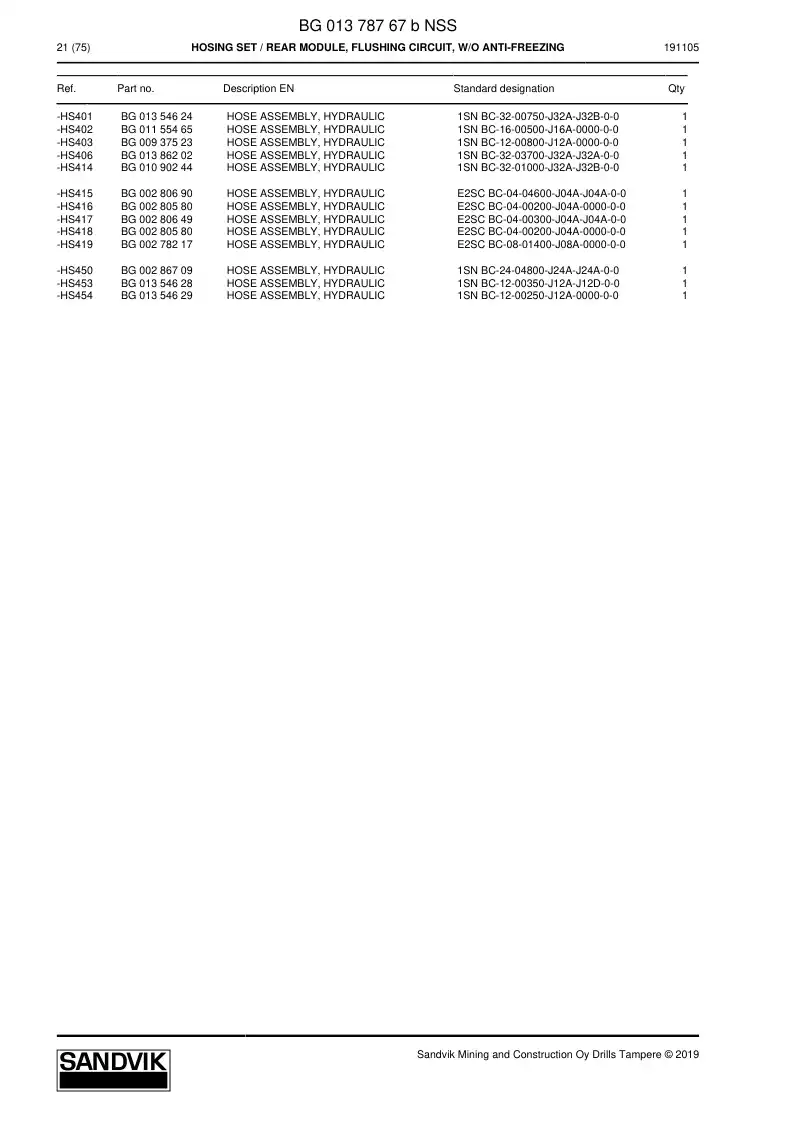 BG01378767b BG 013 787 67b Hosing set - Sandvik Technical Drawing