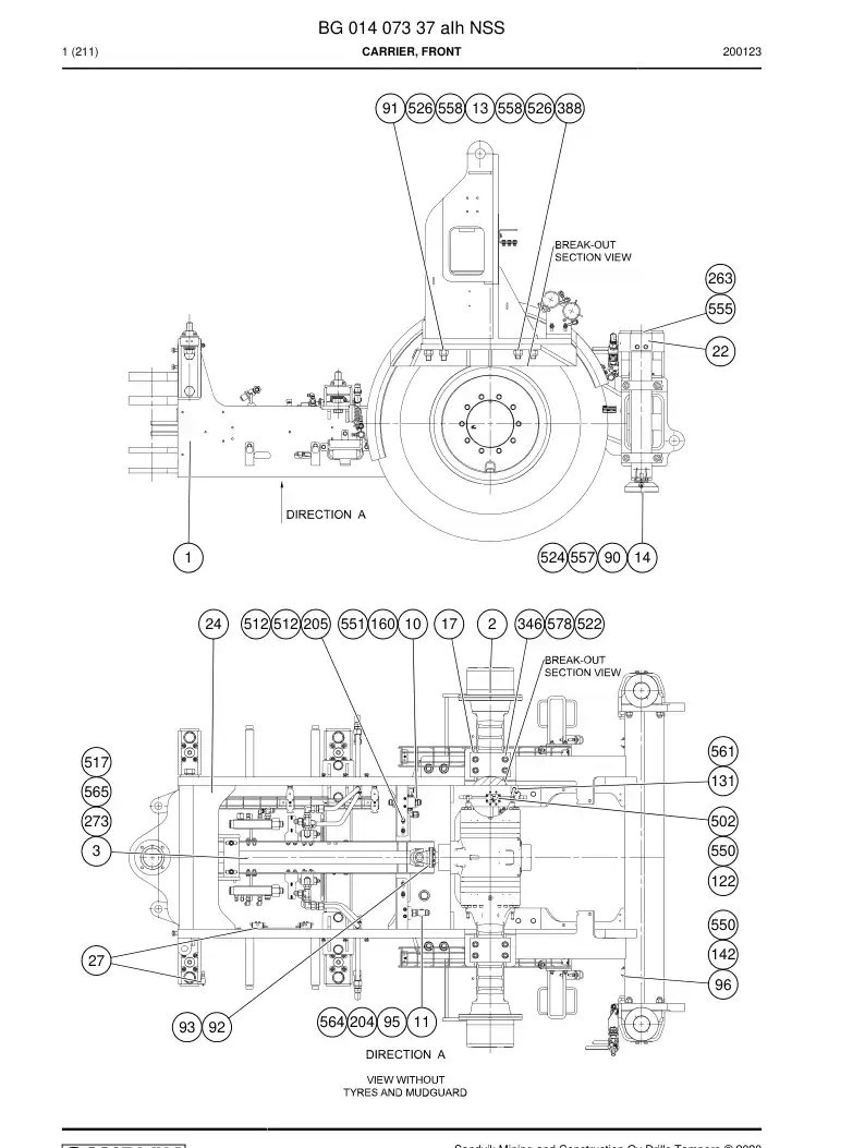 BG01407337a BG 014 073 37a Carrier, Front - Sandvik Technical Drawing