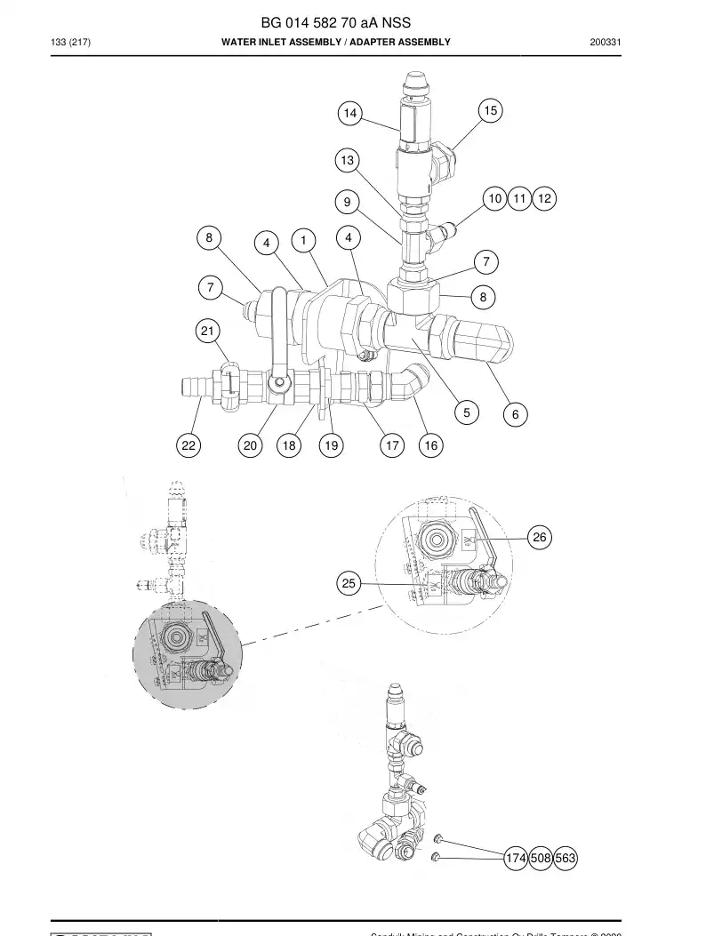 BG01458270a BG 014 582 70a Water Inlet Assembly - Sandvik Technical Drawing